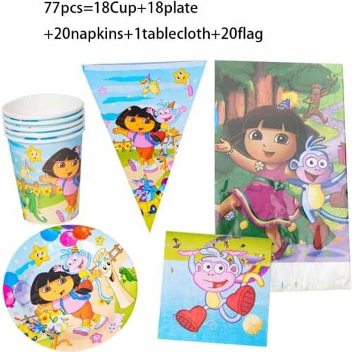 77pcs Dora the Explorer girls Birthday Party Supplies baby shower festival Napkin Plate Cup Tablecloth Banner party decoration