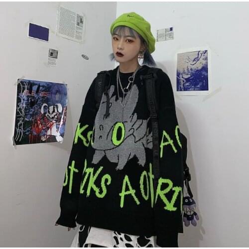 Toothless cartoon pattern knitted sweater Japan Harajuku knitted sweater loose pullover sweater coat Korean style oversize 2020