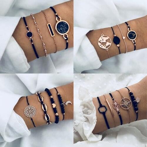 New Bohemian bracelet Set For Women Black Rope chains Moon Shell Map Heart Stone charm Bangle Fashion Jewelry Gift