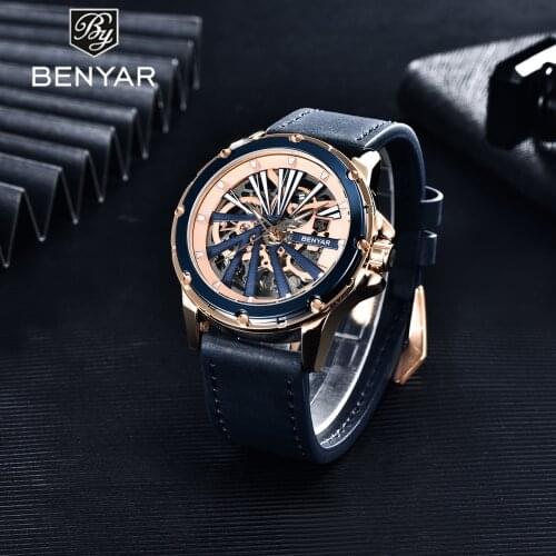Benyar 2021 New Top Brand Luxury Mens Automatic Mechanical Watch Leather Waterproof Double-sided Hollow Design Watches Relogio