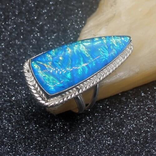 Elegant Fashion Blue Dichroic Glass New Silver Color Jewelry Band Ring For Women Size 8.5 HD632