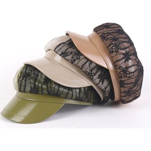 Autumn girl female casual faux leather lace patchwork beret cap Navy caps Women solid hip hop artist hats Octagonal hat gorras