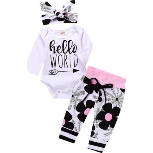 3Pieces Newborn Baby girl clothes sets Letter printed Hello World Tops Romper+Floral Pants+Hat Infant baby girl clothing outfits