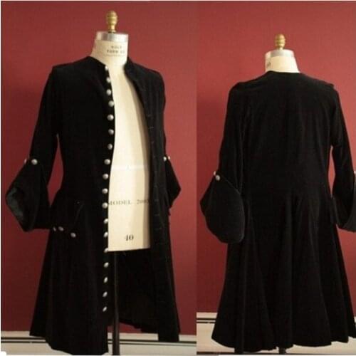 Cosplaydiy Medieval Vintage Gothic Black Velvet Frock Coat Cosplay Pirate Buccaneer Swashbuckler Renaissance Coat L320