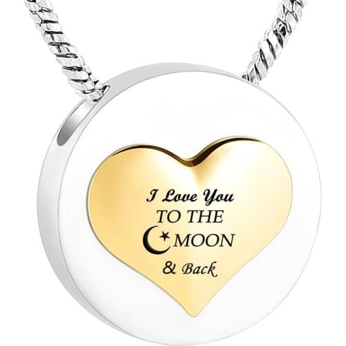 Heart Round Pendant Cremation Necklace Memorial Keepsake Jewelry - Engraved I Love You to the Moon and Back