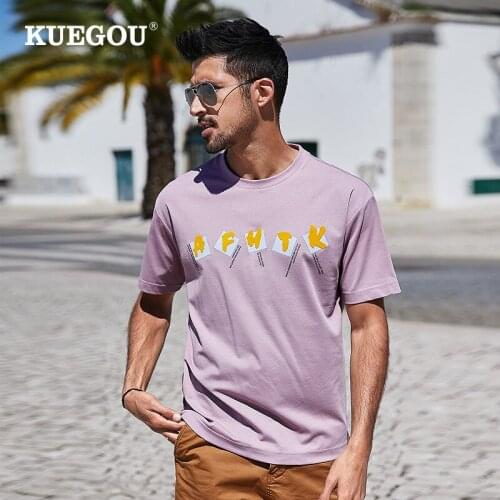 KUEGOU Pink purple Mens T-shirt loose fashion embroidered tshirt white summer t shirt men short sleeve tops plus size UT-0221