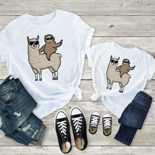 Lovely Alpaca Sloth Family Matching Clothes Summer Fashion Llama Fun T Shirt Leisure Family Look Streetwear Tshirt