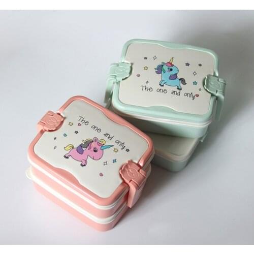 Cartoon Unicorn Mini Lunch Box for Kids Food Grade PP Double Layers Bento Boxes with Handle 15x13x11 cm