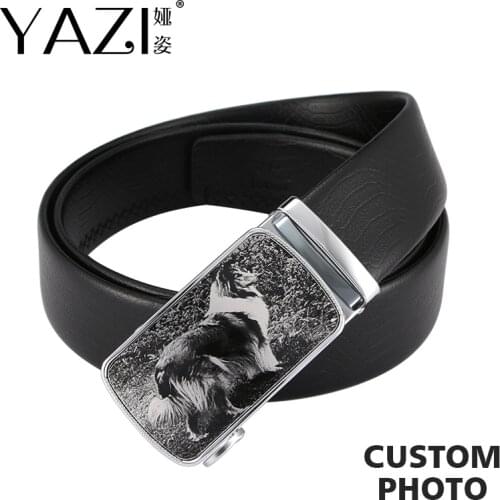 YAZI Unique Custom Photo Mens Belt Cow Leather Luxury Girdles Brand Fashion Automatic Buckle Black Genuine Leather Mens Belt