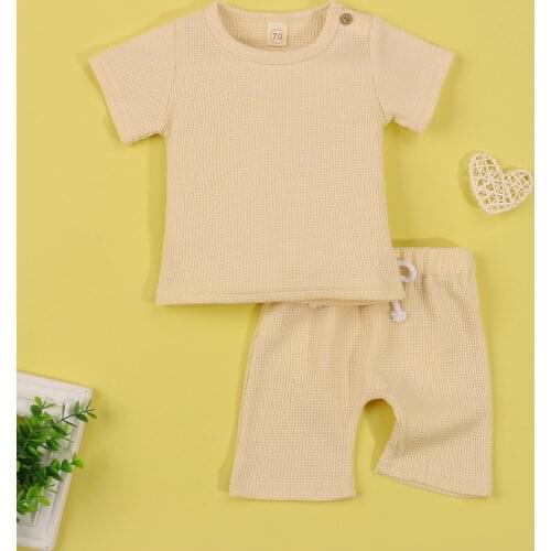 Toddler Baby Boys Girls Causal Outwear Solid Short Sleeve Button T-Shirt+High Waist Elastic Shorts 2pcs Outfits Infant Clothes