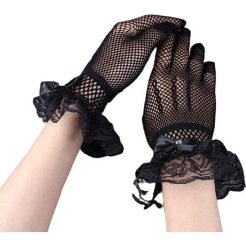 Women Mesh Fishnet Gloves Mesh Thin Summer UV-Proof Driving Gloves Sexy Lace Bowknot Wrist Wedding Gloves Black White