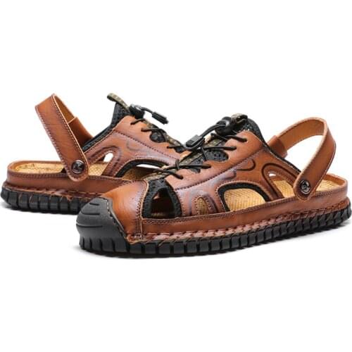 Plus Size Casual Sandals Summer Men Outdoor Aqua Shoes Genuine Leather Hollow Out Breathable Upstream Beach Water Shoes Slippers