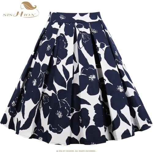 SISHION Pleated Skirt High Waist White with Navy Blue Floral Print Vintage Retro Women Summer Skirts Plus Size VD0846