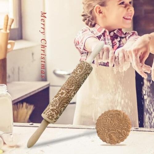 Laser Embossing Rolling Pin Lotus Wooden Christmas Snowflake Flower Patterns Dough Engraved Roller DIY Kitchen Bakeware