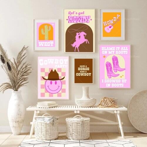 Pink cowgirl theme, Danish aesthetics, charming cowgirl, pink western aesthetics, western printing, pink cowgirl poster wall art