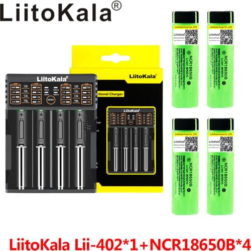 LiitoKala lii-402 USB 26650 18650 AAA AA Smart Charger + 4pcs NCR18650B 3.7V 18650 3400mAh Li-ion Rechargeable Battery (NO PCB)