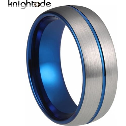 8mm Width Blue Grooved Tungsten Carbide Fashion Party Ring For Men Women Engagement Jewelry Gifts Dome Brushed Surface Comfort
