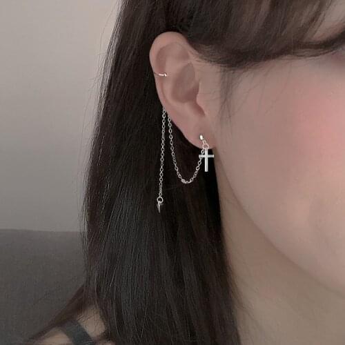 A Girl' 1pcs Cross Ear Cuff Clip Long Chain Tassel Earring Clip on Earrings For Women Fashion Silver Color Jewelry New Earcuff