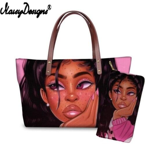 NOISYDESIGNS 2021 Hot Art African Girls Printed Handbag Famous Brand Ladies Wallet 2Pcs/Set Fashion Womens Travel Shoulder Bag