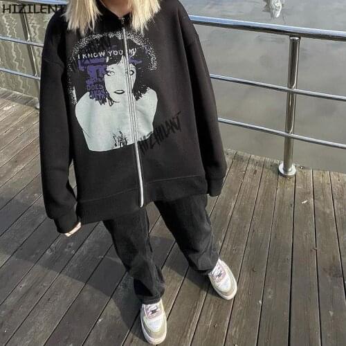 Vintage graphics Oversized Hoodies Female coat winter Zip Up Long Sleeve Women Sweatshirt Y2K Kawaii Harajuku Grunge clothing