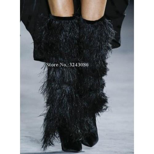 New Spike Heel Woman Fur Long Boots Sexy Pointed Toe Tassel Over the Knee Boots Lady Popular Design Banquet Boots Dropship