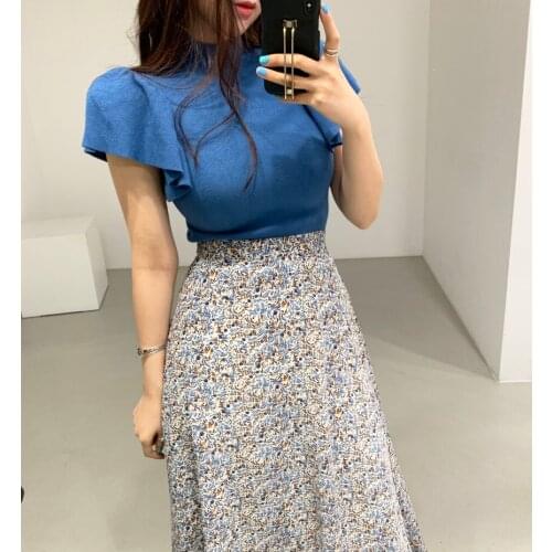2021 Summer Women 2 Piece Skirt Sets Outfits Blue Tops + Printed Elastic Waist A-line Skirt Korean Fashion Vintage Matching Sets