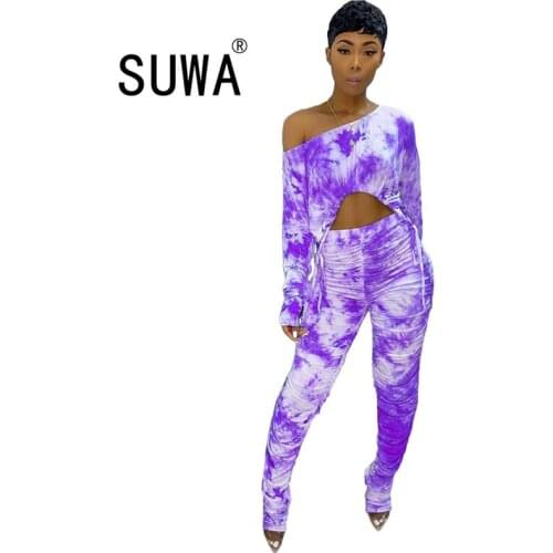 Tie dye women two piece tracksuit set long sleeve loose t-shirt top + high waist pants sweatpants street lounge home wear
