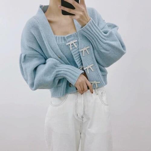 Womens Sweaters Za Fashion 2021 Vintage Bow Crystal Button Oversized Loose Cardigans Batwing Sleeve V Neck Casual Mujer Jackets