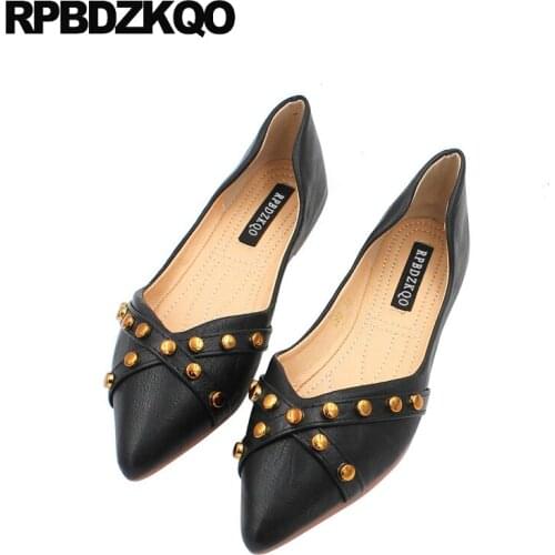Women Dress Shoes Pointed Toe Italian Slip On Black Driving Metal Walking Stud China Large Size Party Rivet Ladies Korean Flats