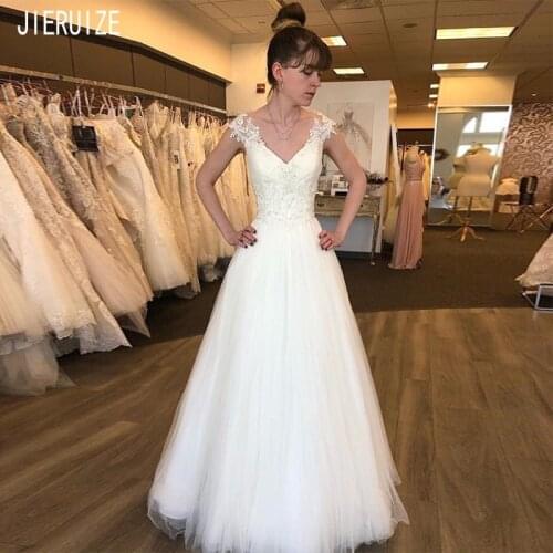 JIERUIZE Robe De Mariee Tulle Wedding Dresses V Neck Cap Sleeves Keyhole Back A line 2020 Lace Appliques Bridal Wedding Gowns