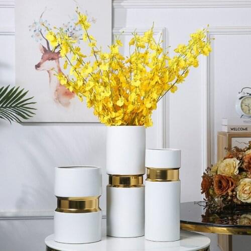 Gold Trim White Ceramic Vase Desk Decor Ornaments Flower Arrangement Glaze Porcelain Crafts Vases Home Decoration Modern
