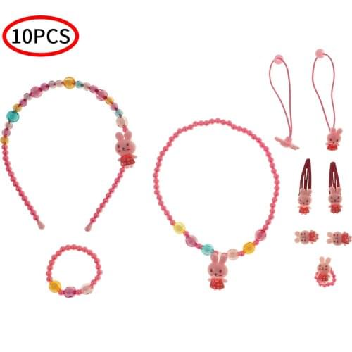 10 Pcs Kids Girls Resin Imitation Pearls Candy Bead Earrings Necklace Bracelet Finger Rings Hairpin Decor Party Gift Jewelry Set