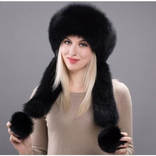 Real Fox Fur Womens Bomber Hats with Rabbit Fur Top Pompon Fall Winter Womens New Ear Hat Russian Outdoor Warm HHY 17-19
