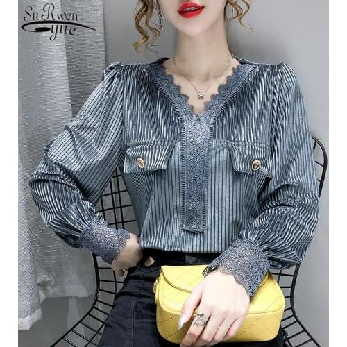 2021 Spring Fashion V-neck Long Sleeve Womens Shirts Lace Blouse Splicing Office Lady Shirt Gold Velvet Bottom Clothes 12057