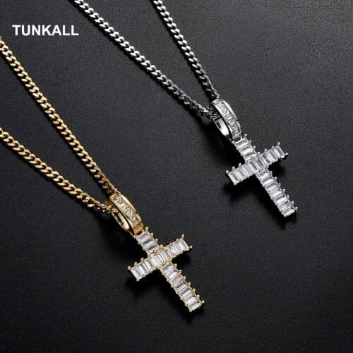 Iced Brass CZ Cross Pendants&Necklace Stainless Steel Cuban Chain Hip Hop Neckalce CN146