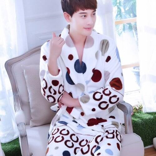 H5973 Men Thickened Flannel Robe Fall Winter Home Clothes Long Sleeve Bathrobe Male Coral Velvet Comfortable Plus Size Sleepwear