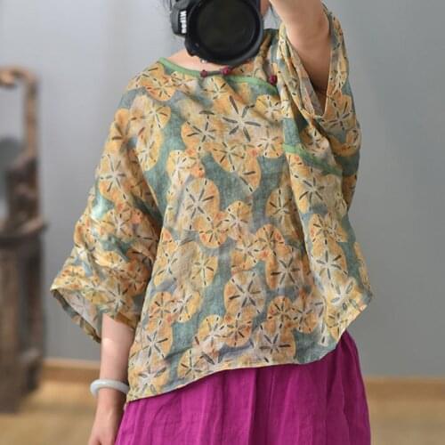 Johnature Women Summer Ramie Shirts Vintage Floral Blouses O-Neck Half Sleeve Loose 2021 New Chinese Style Female Shirts Tops