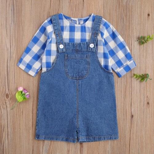 Toddler Baby Clothes Sets 2021 Spring Summer Boys Plaid T-shirts and Denim Overalls Shorts Baby Outfits