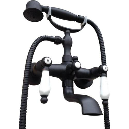 Black Oil Rubbed Brass Double Ceramic Handles Wall Mounted Claw Foot Bathroom Tub Faucet Mixer Tap With Handshower mtf614