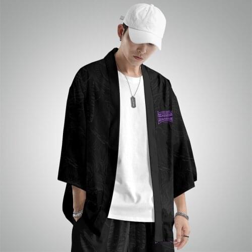 The New Trendy Stand-up Collar Printing Thin Section Robe Ghost Knife Kills Evil Spirits Mens Seven-sleeve Cardigan Shirt