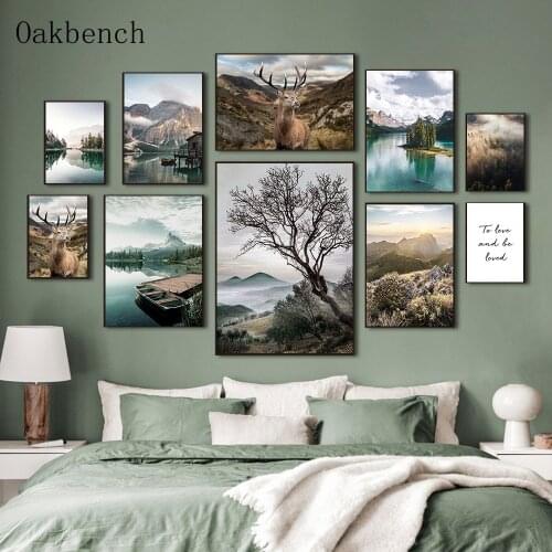 Autumn Natural Deer Plant Canvas Prints Nordic Landscape Wall Art Painting Boat Mountain Lake Forest Posters Living Room Decor