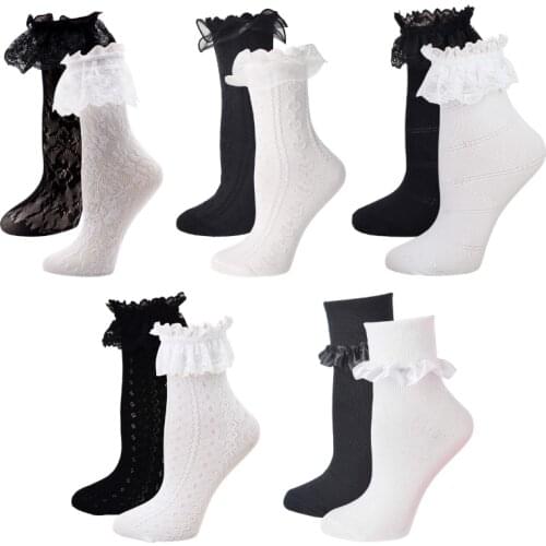 RMSWEETYIL Lace Ruffle Frilly Ankle Socks For Women White Sexy Cute Lolita Sheer Fishnet Casual Ladies Black Crew Dress Sock