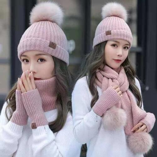 2020 New Women Winter Hat Scarf /Gloves Sets Female Three - piece Knitted Hats Scarf Set Caps for Girl Warm Skullies Beanies hat