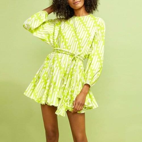 2021 summer new fashion round neck lantern sleeve printing hand-woven belt ruffle dress