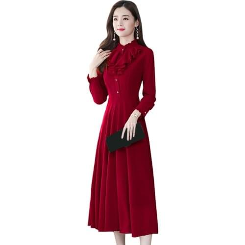 Dress Women 2021 Spring Plus Size Dress Elegant Solid color Long Sleeve fashion Ladies Chiffon Dress