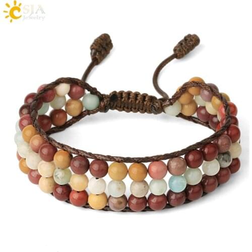 CSJA Multilayer Natural Stone Strand Bracelets Amazonite Emperor Turquoises Extendable Rope Braided Wrap Bracelet Women Men G442