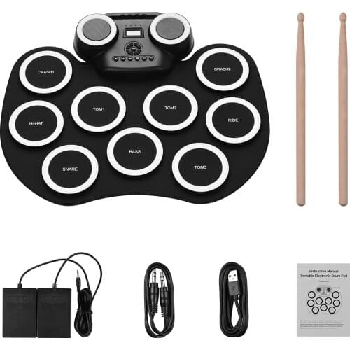 Ammoon Portable Roll-up Electronic Drum Pad Silicon Digital Drum with Built-in Speakers Foot Pedals Headphone Monitoring Battery