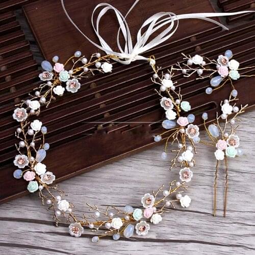 Golden Branches Ceramic Flower Headband Hairpins Suit Wedding Tiara Hair Decoration for Brides Wedding Hair Accessories