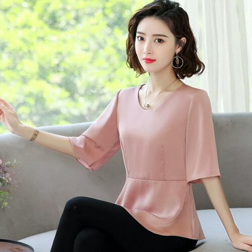 Chiffon Women SummerSolid Color Minimalist Style Casual Blouses Shirts Zipper Decoration O-Neck Half Sleeve Tops Blusas MM0331