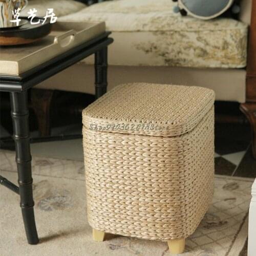 Caoyiju Straw Solid Wood Storage Stool Rattan Shoes Stool Sofa Stool Make Up Stool Can Sit In The Box